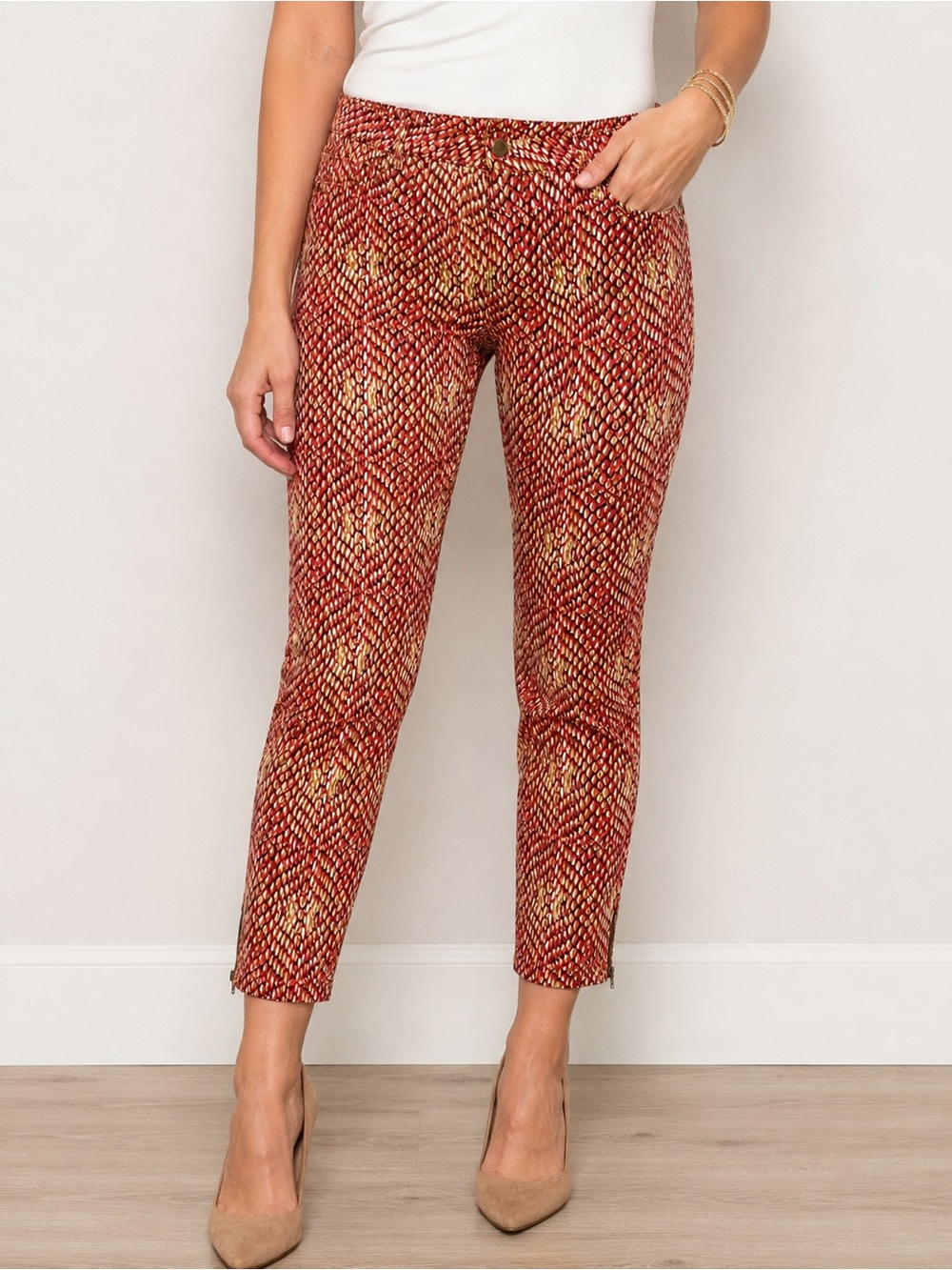 Liverpool Capri Pants Women's 12 Red Gold Snake Petite Skinny Stretch Zip